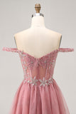 Off The Shoulder Dusty Rose Floral A Line Homecoming Dress