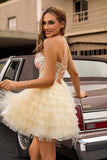 Apricot A Line Spaghetti Straps Corset Ruffled Homecoming Dress
