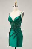 Dark Green Bodycon Corset Sequins Satin Homecoming Dress
