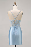 Blue Bodycon Sequins Corset Beaded Homecoming Dress with Appliques