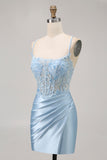 Blue Bodycon Sequins Corset Beaded Homecoming Dress with Appliques