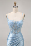Blue Bodycon Sequins Corset Beaded Homecoming Dress with Appliques