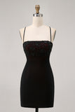 Black Bodycon Spaghetti Straps Short Homecoming Dress with Beading