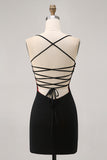 Black Bodycon Spaghetti Straps Short Homecoming Dress with Beading