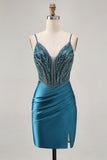 Bodycon Beaded Sequins Peacock Blue Homecoming Dress with Slit