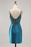 Bodycon Beaded Sequins Peacock Blue Homecoming Dress with Slit