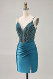 Bodycon Beaded Sequins Peacock Blue Homecoming Dress with Slit