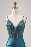 Bodycon Beaded Sequins Peacock Blue Homecoming Dress with Slit