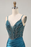 Bodycon Beaded Sequins Peacock Blue Homecoming Dress with Slit