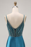 Bodycon Beaded Sequins Peacock Blue Homecoming Dress with Slit