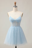 Light Blue A Line Beaded Short Sequins Homecoming Dress with Lace Up Back