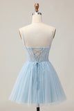 Light Blue A Line Beaded Short Sequins Homecoming Dress with Lace Up Back