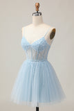 Light Blue A Line Beaded Short Sequins Homecoming Dress with Lace Up Back