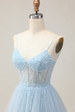 Light Blue A Line Beaded Short Sequins Homecoming Dress with Lace Up Back
