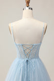 Light Blue A Line Beaded Short Sequins Homecoming Dress with Lace Up Back