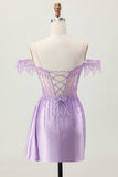 Lilac Sequins Cold Shoulder Beaded Corset Short Homecoming Dress