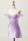 Lilac Sequins Cold Shoulder Beaded Corset Short Homecoming Dress