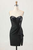 Black Strapless Corset Bodycon Beaded Homecoming Dress with Slit