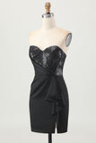 Black Strapless Corset Bodycon Beaded Homecoming Dress with Slit