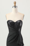 Black Strapless Corset Bodycon Beaded Homecoming Dress with Slit