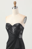 Black Strapless Corset Bodycon Beaded Homecoming Dress with Slit