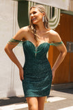 Off The Shoulder Dark Green Bodycon Homecoming Dress with Sequins