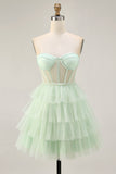 Light Green A Line Strapless Corset Tiered Short Homecoming Dress