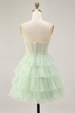 Light Green A Line Strapless Corset Tiered Short Homecoming Dress