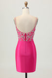 Fuchsia Bodycon Spaghetti Straps Satin Homecoming Dress with Slit