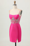 Fuchsia Bodycon Spaghetti Straps Satin Homecoming Dress with Slit