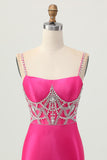 Fuchsia Bodycon Spaghetti Straps Satin Homecoming Dress with Slit
