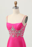 Fuchsia Bodycon Spaghetti Straps Satin Homecoming Dress with Slit