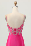 Fuchsia Bodycon Spaghetti Straps Satin Homecoming Dress with Slit