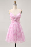 Pink Floral A Line Spaghetti Straps Ruched Short Homecoming Dress