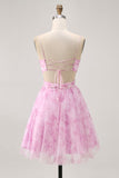 Pink Floral A Line Spaghetti Straps Ruched Short Homecoming Dress