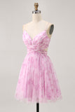 Pink Floral A Line Spaghetti Straps Ruched Short Homecoming Dress