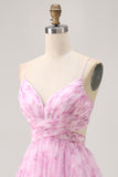 Pink Floral A Line Spaghetti Straps Ruched Short Homecoming Dress