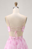 Pink Floral A Line Spaghetti Straps Ruched Short Homecoming Dress