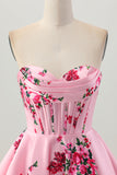 Pink Flower A-Line Sweetheart Satin Corset Homecoming Dress