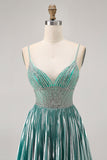 Metallic Satin Green A Line Spaghetti Straps Sequins Short Homecoming Dress