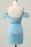 Blue Bodycon Cold Shoulder Corset Short Homecoming Dress with Slit