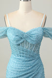 Blue Bodycon Cold Shoulder Corset Short Homecoming Dress with Slit