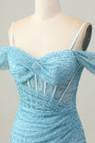 Blue Bodycon Cold Shoulder Corset Short Homecoming Dress with Slit