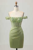 Green Off The Shoulder Corset Sequins Bodycon Homecoming Dress