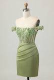 Green Off The Shoulder Corset Sequins Bodycon Homecoming Dress