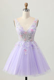 Beaded A Line Sequins Appliqued Lilac Short Homecoming Dress