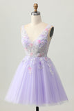 Beaded A Line Sequins Appliqued Lilac Short Homecoming Dress