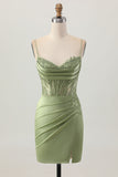 Sage Green Corset Tight Short Ruched Satin Homecoming Dress with Appliques