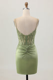 Sage Green Corset Tight Short Ruched Satin Homecoming Dress with Appliques