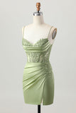 Sage Green Corset Tight Short Satin Homecoming Dress with Slit